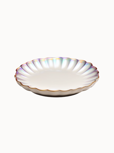A round glass plate featuring a pleated, scalloped border with an iridescent, rainbow-like shimmer and a gold rim.