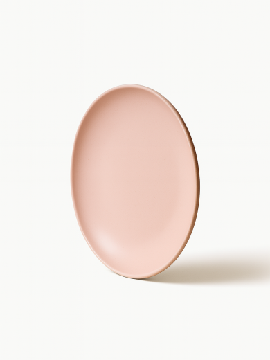 A matte, pastel pink ceramic plate. The plate is shown standing upright at a slight angle on a solid white background.