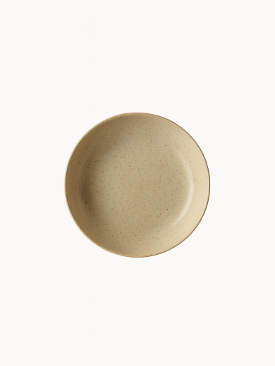 A top-down view on a shallow, round ceramic bowl with a speckled beige and light grey texture, on a plain white background.