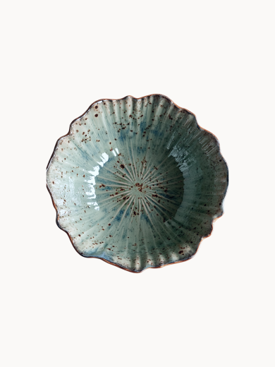A top-down view on a rustic ceramic bowl with a mottled light blue and beige glaze with brown speckled details, on a plain white background.