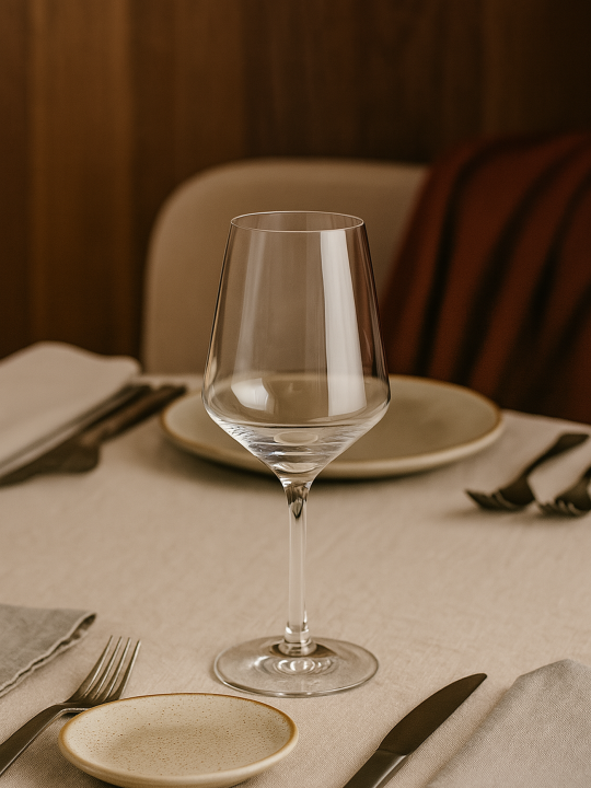 A clear wine glass with a thin stem sits empty on a set table. The setting includes plates and cutlery on a beige tablecloth.