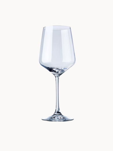 A single clear wine glass with a long stem, isolated on a light background.