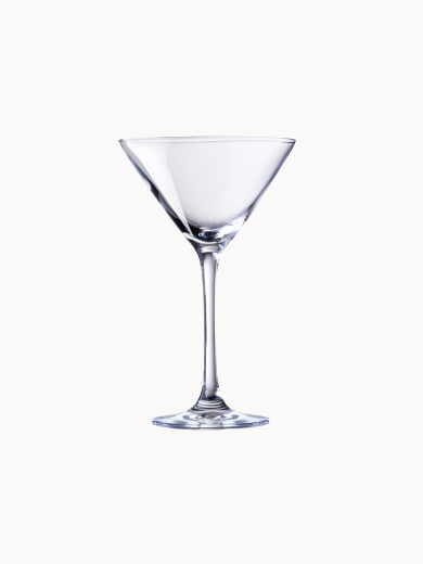 A classic, clear martini glass with a conical bowl resting on a slender stem.
